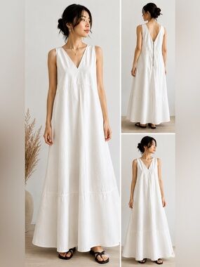 Japanese Minimalist White Maxi Dress Fits M-XL Oversized Pockets